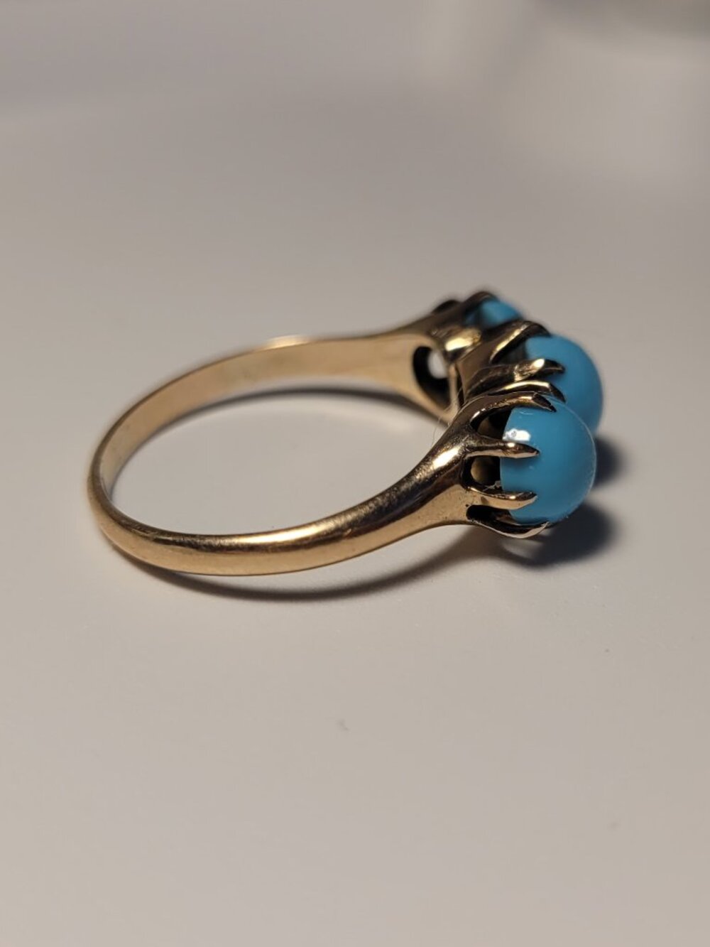 Turquoise Antique Gold Ring Victorian 3 Blue Stones 10k December Birthstone - Picture 11 of 16